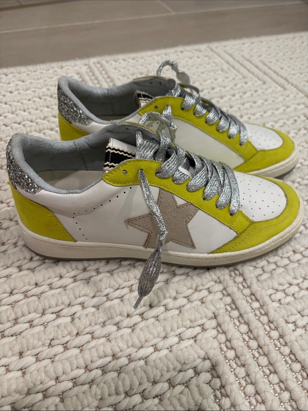 ShuShop White Sneakers with Lime Green Panels and Silver Glitter Details